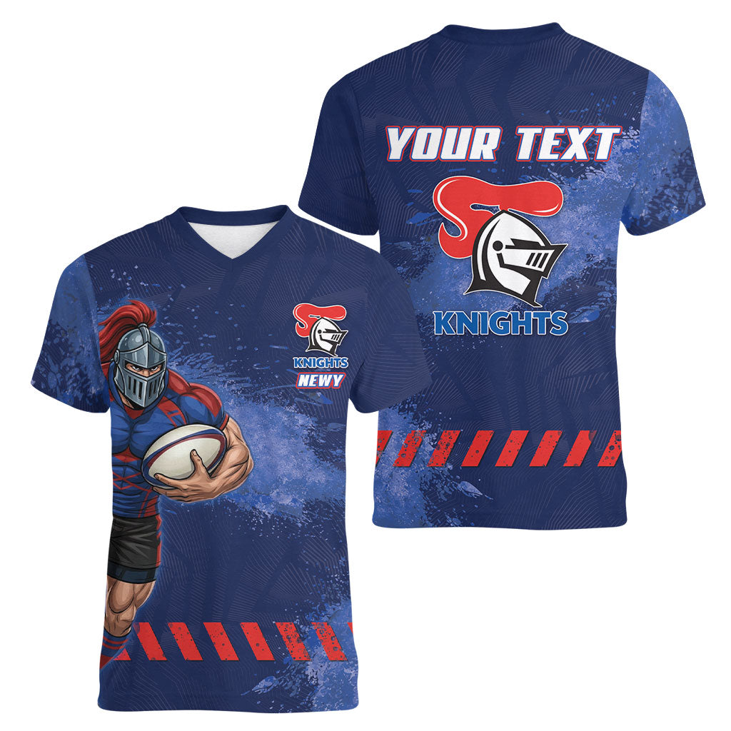 Personalised Newcastle Knights Rugby Women V-Neck T-Shirt Newy Warrior Mascot - Sporty Splash Art Style