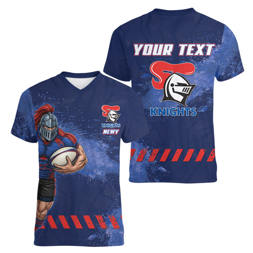 Personalised Newcastle Knights Rugby Women V-Neck T-Shirt Newy Warrior Mascot - Sporty Splash Art Style