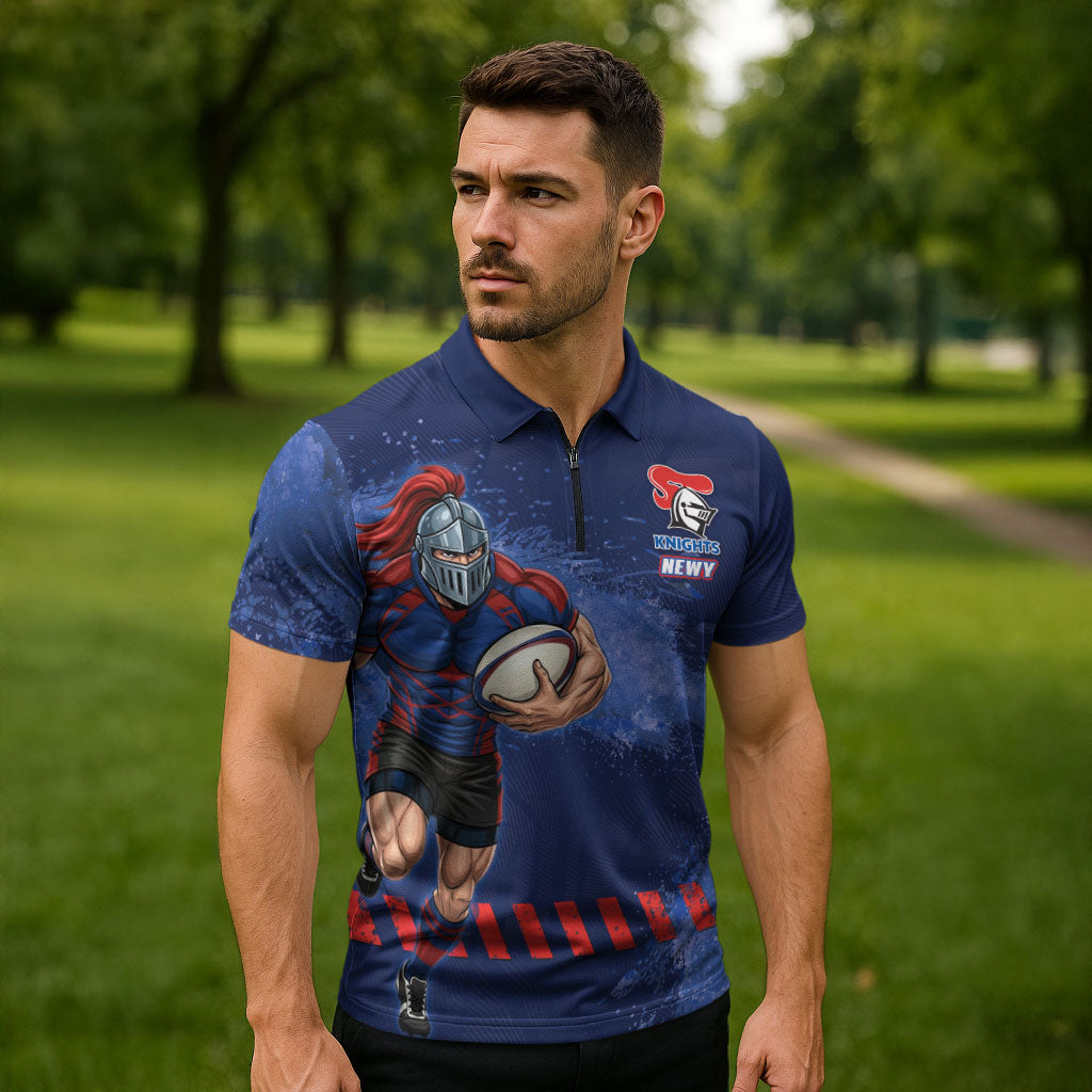 Personalised Newcastle Knights Rugby Zipper Polo Shirt Newy Warrior Mascot - Sporty Splash Art Style