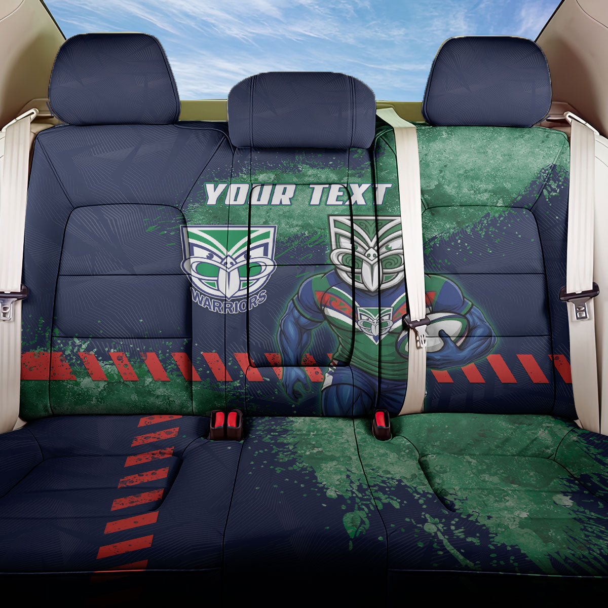 Personalised New Zealand Warriors Rugby Back Car Seat Cover Maori The Wahs Mascot - Sporty Splash Art Style