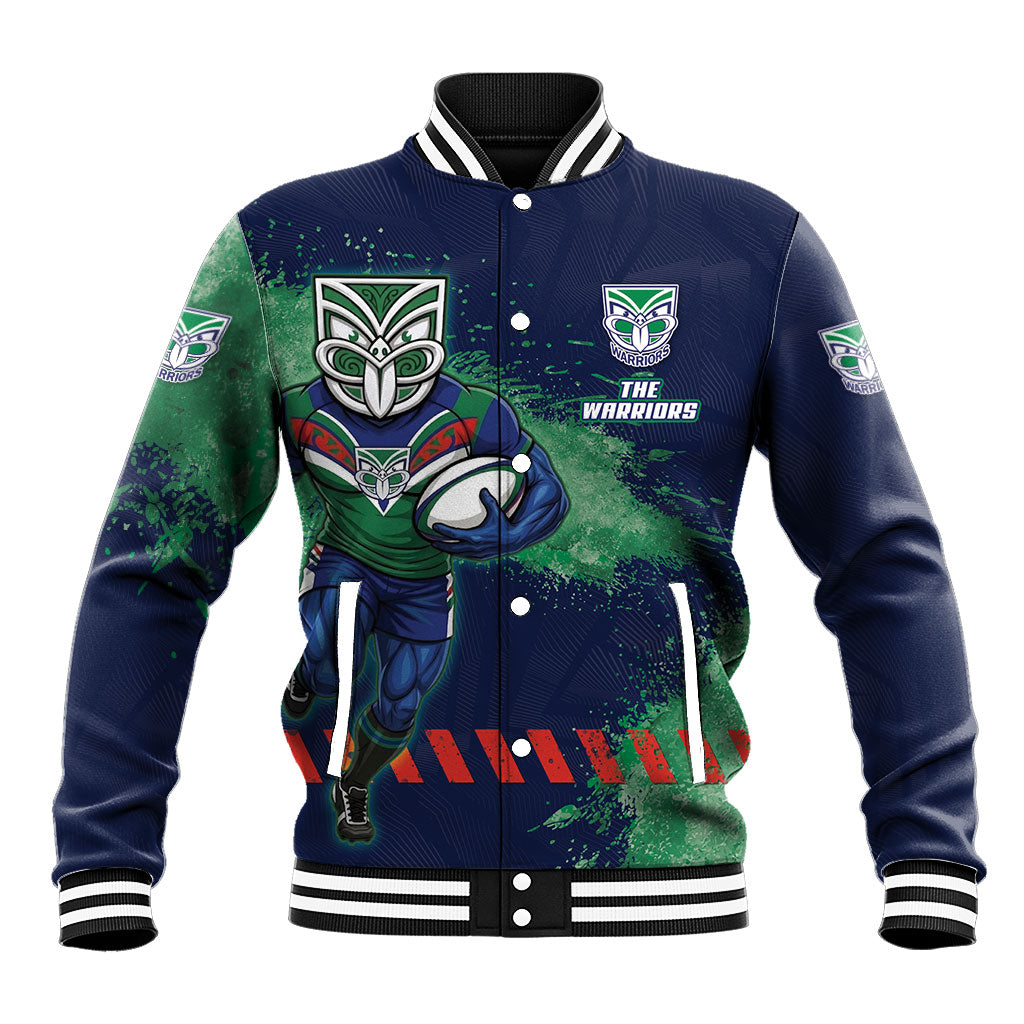 Personalised New Zealand Warriors Rugby Baseball Jacket Maori The Wahs Mascot - Sporty Splash Art Style
