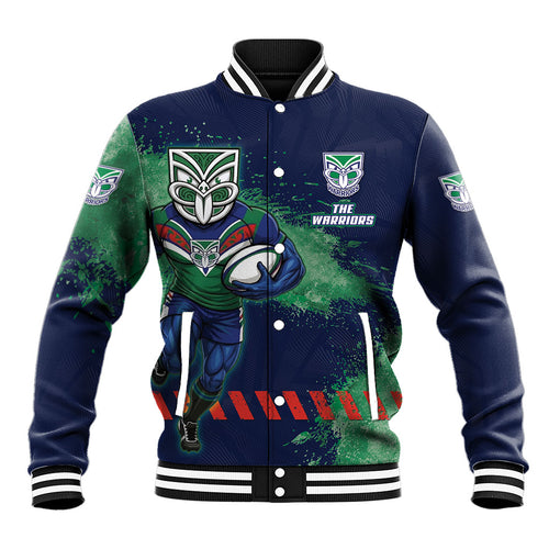 Personalised New Zealand Warriors Rugby Baseball Jacket Maori The Wahs Mascot - Sporty Splash Art Style