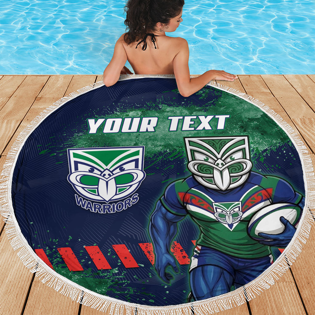 Personalised New Zealand Warriors Rugby Beach Blanket Maori The Wahs Mascot - Sporty Splash Art Style
