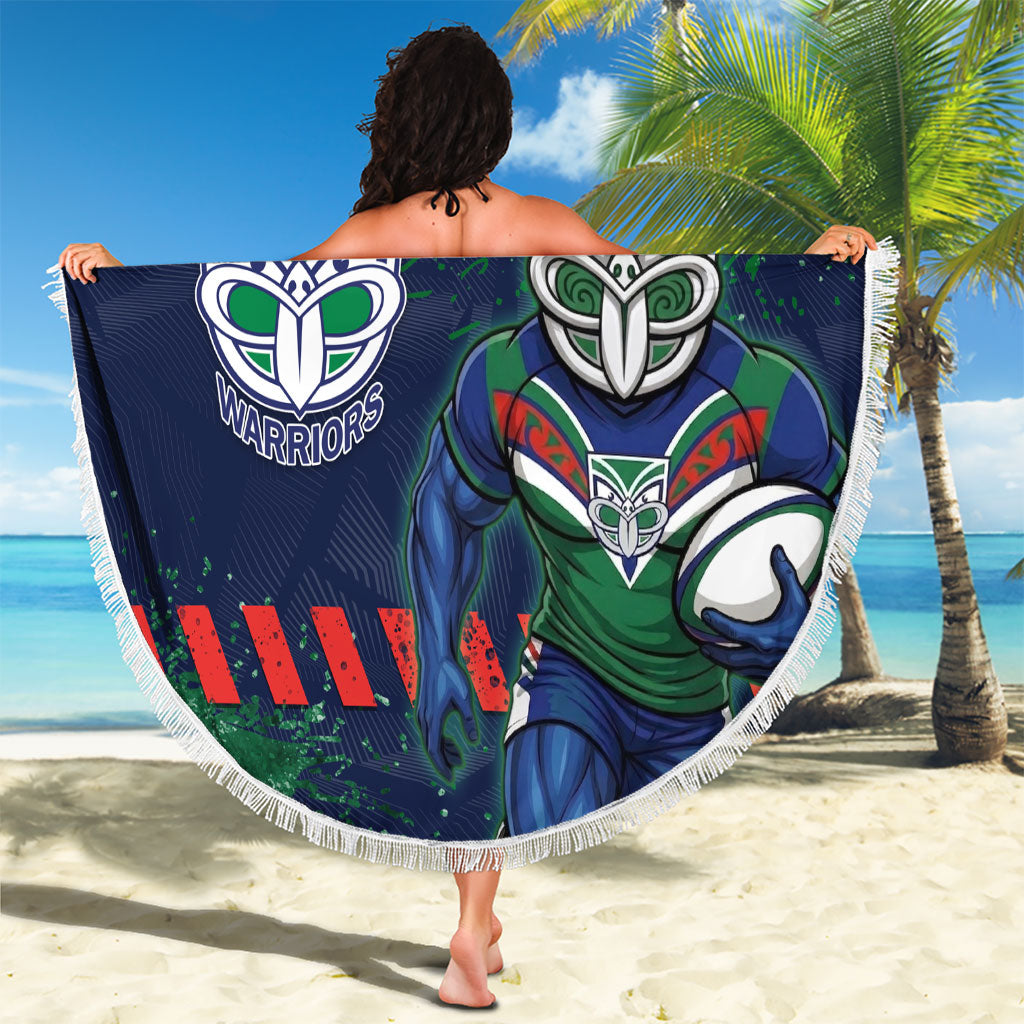 Personalised New Zealand Warriors Rugby Beach Blanket Maori The Wahs Mascot - Sporty Splash Art Style