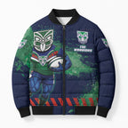 Personalised New Zealand Warriors Rugby Bomber Puffer Jacket Maori The Wahs Mascot - Sporty Splash Art Style