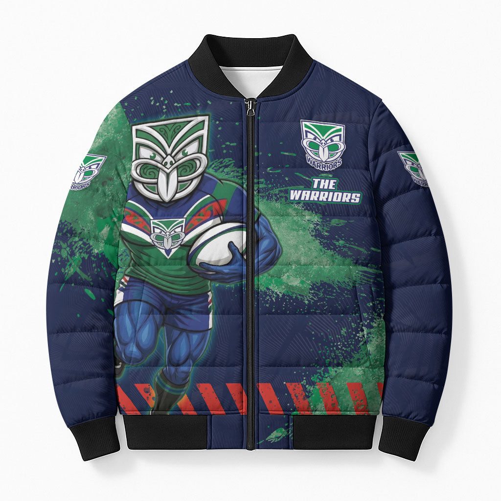 Personalised New Zealand Warriors Rugby Bomber Puffer Jacket Maori The Wahs Mascot - Sporty Splash Art Style