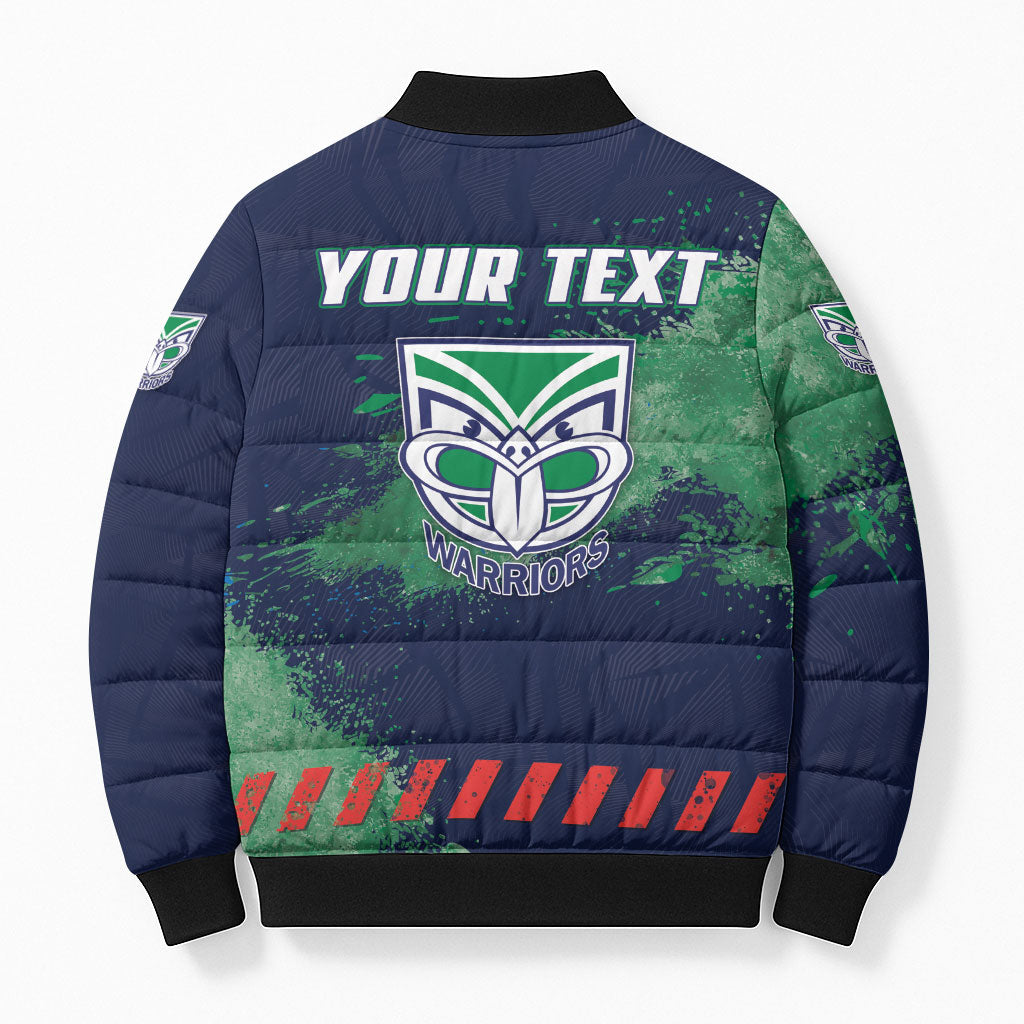 Personalised New Zealand Warriors Rugby Bomber Puffer Jacket Maori The Wahs Mascot - Sporty Splash Art Style