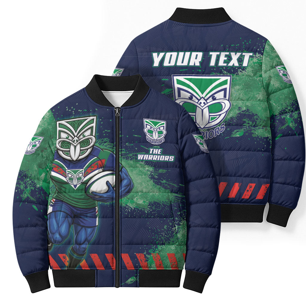 Personalised New Zealand Warriors Rugby Bomber Puffer Jacket Maori The Wahs Mascot - Sporty Splash Art Style