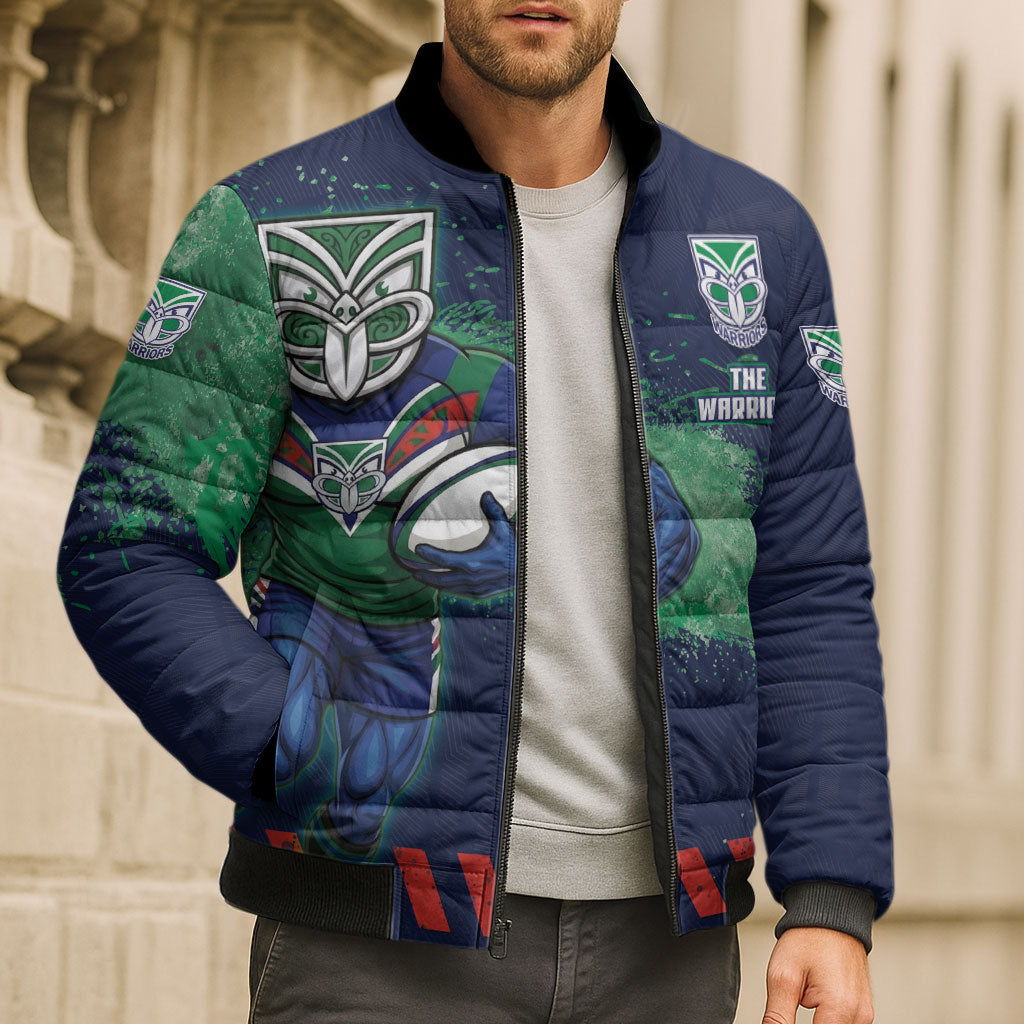 Personalised New Zealand Warriors Rugby Bomber Puffer Jacket Maori The Wahs Mascot - Sporty Splash Art Style