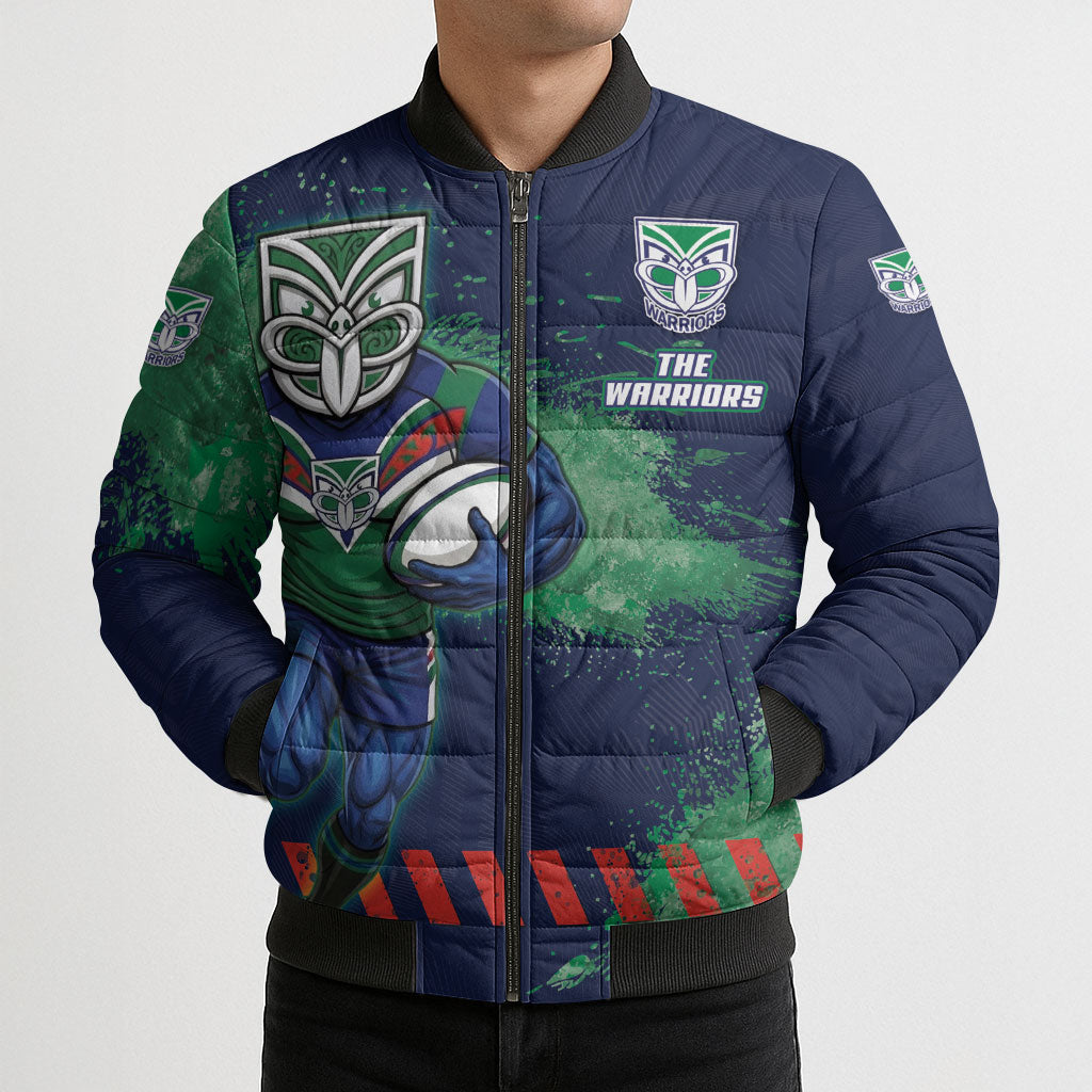 Personalised New Zealand Warriors Rugby Bomber Puffer Jacket Maori The Wahs Mascot - Sporty Splash Art Style