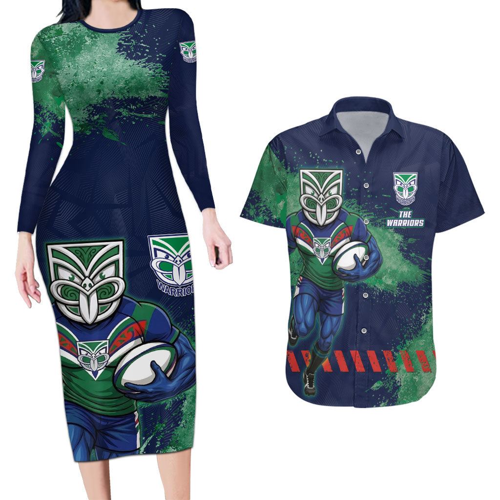 Personalised New Zealand Warriors Rugby Couples Matching Long Sleeve Bodycon Dress and Hawaiian Shirt Maori The Wahs Mascot - Sporty Splash Art Style