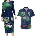Personalised New Zealand Warriors Rugby Couples Matching Long Sleeve Bodycon Dress and Hawaiian Shirt Maori The Wahs Mascot - Sporty Splash Art Style