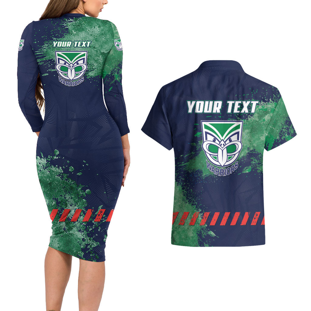 Personalised New Zealand Warriors Rugby Couples Matching Long Sleeve Bodycon Dress and Hawaiian Shirt Maori The Wahs Mascot - Sporty Splash Art Style