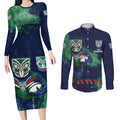 Personalised New Zealand Warriors Rugby Couples Matching Long Sleeve Bodycon Dress and Long Sleeve Button Shirt Maori The Wahs Mascot - Sporty Splash Art Style