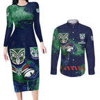 Personalised New Zealand Warriors Rugby Couples Matching Long Sleeve Bodycon Dress and Long Sleeve Button Shirt Maori The Wahs Mascot - Sporty Splash Art Style
