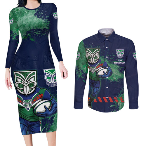 Personalised New Zealand Warriors Rugby Couples Matching Long Sleeve Bodycon Dress and Long Sleeve Button Shirt Maori The Wahs Mascot - Sporty Splash Art Style