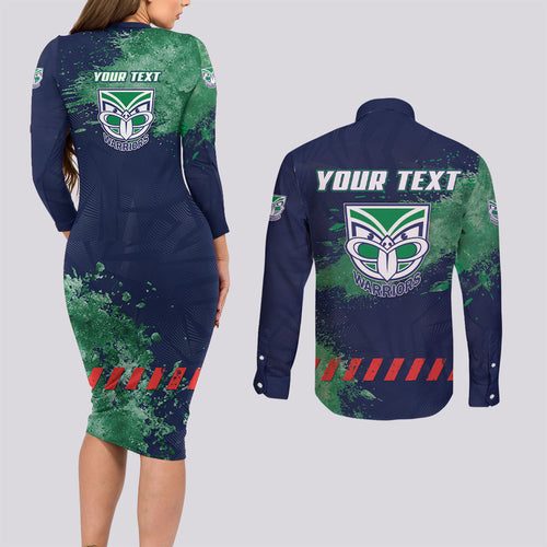 Personalised New Zealand Warriors Rugby Couples Matching Long Sleeve Bodycon Dress and Long Sleeve Button Shirt Maori The Wahs Mascot - Sporty Splash Art Style