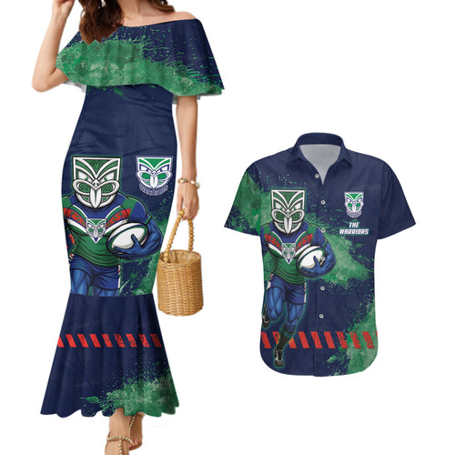 Personalised New Zealand Warriors Rugby Couples Matching Mermaid Dress and Hawaiian Shirt Maori The Wahs Mascot - Sporty Splash Art Style