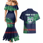 Personalised New Zealand Warriors Rugby Couples Matching Mermaid Dress and Hawaiian Shirt Maori The Wahs Mascot - Sporty Splash Art Style