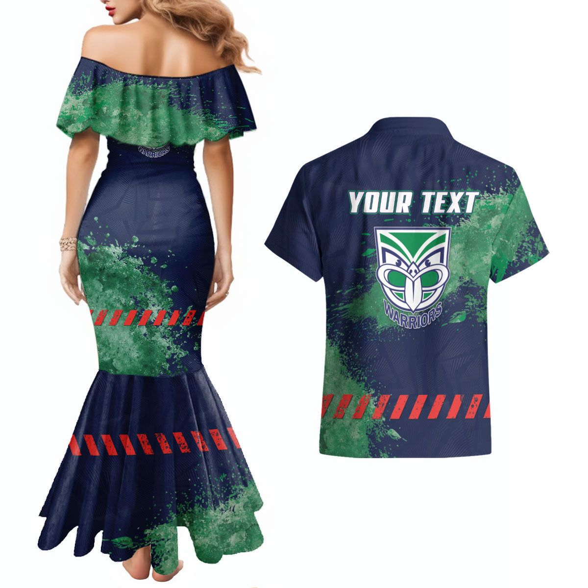 Personalised New Zealand Warriors Rugby Couples Matching Mermaid Dress and Hawaiian Shirt Maori The Wahs Mascot - Sporty Splash Art Style