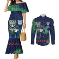 Personalised New Zealand Warriors Rugby Couples Matching Mermaid Dress and Long Sleeve Button Shirt Maori The Wahs Mascot - Sporty Splash Art Style