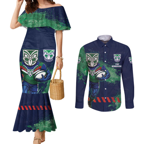 Personalised New Zealand Warriors Rugby Couples Matching Mermaid Dress and Long Sleeve Button Shirt Maori The Wahs Mascot - Sporty Splash Art Style