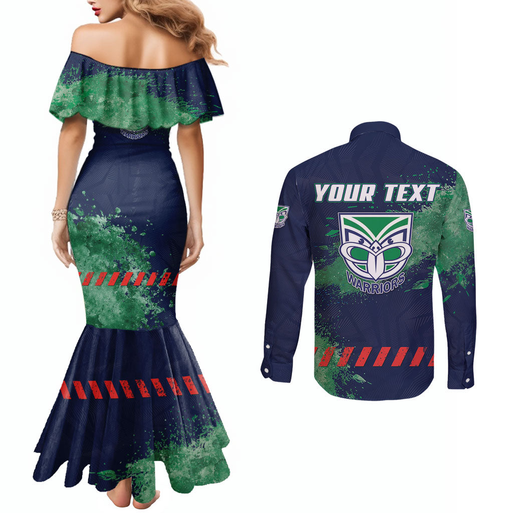 Personalised New Zealand Warriors Rugby Couples Matching Mermaid Dress and Long Sleeve Button Shirt Maori The Wahs Mascot - Sporty Splash Art Style