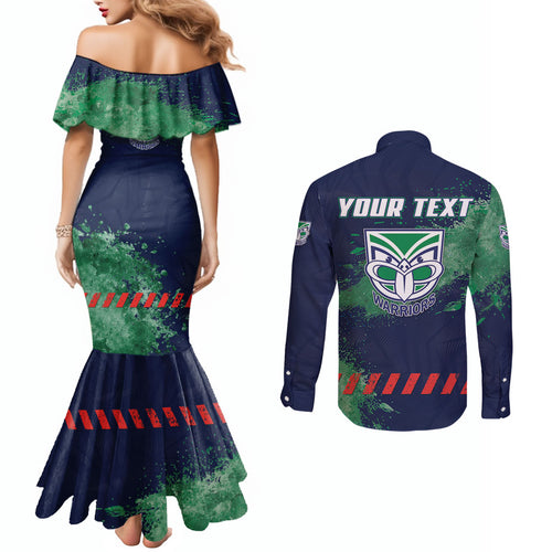 Personalised New Zealand Warriors Rugby Couples Matching Mermaid Dress and Long Sleeve Button Shirt Maori The Wahs Mascot - Sporty Splash Art Style