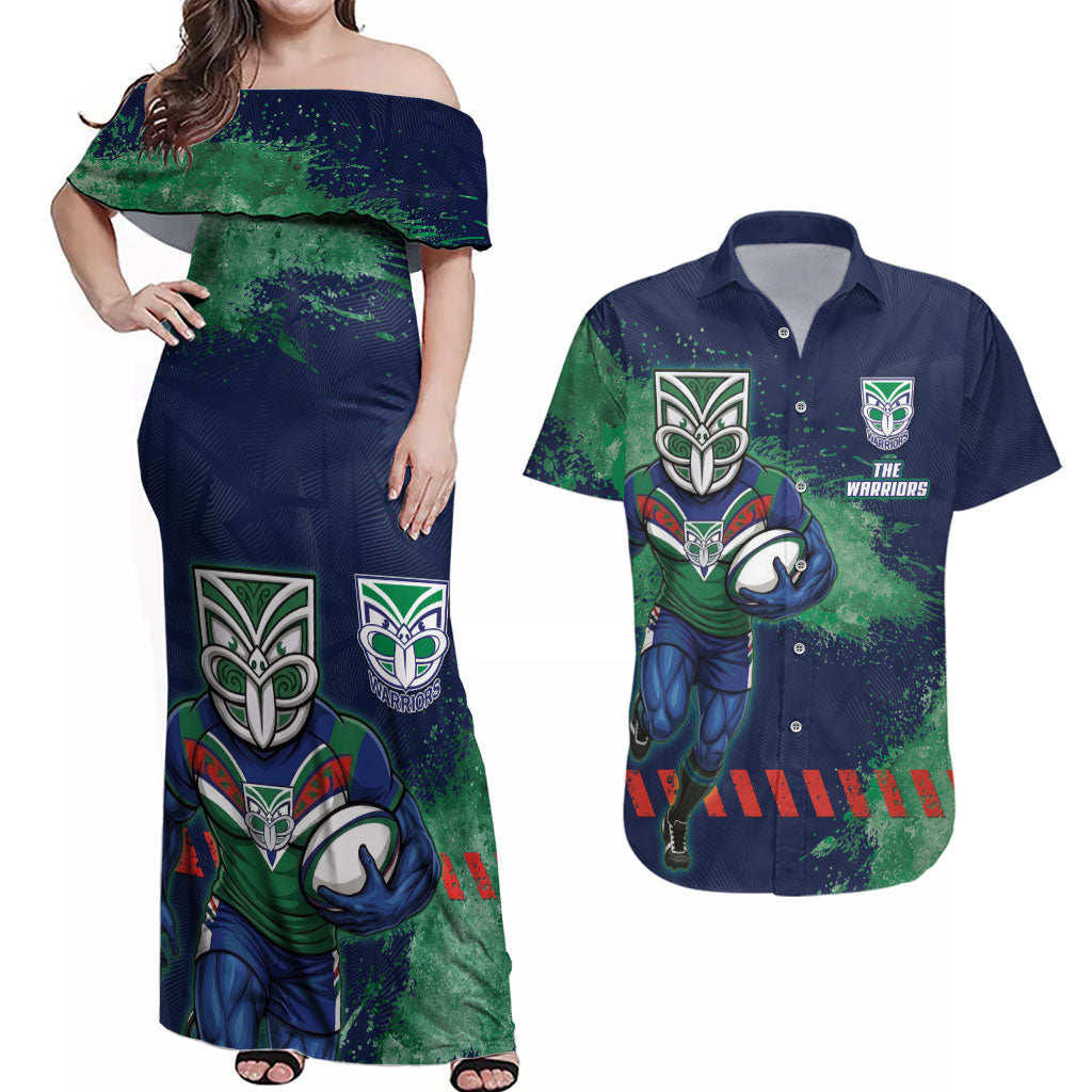 Personalised New Zealand Warriors Rugby Couples Matching Off Shoulder Maxi Dress and Hawaiian Shirt Maori The Wahs Mascot - Sporty Splash Art Style