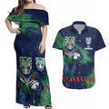Personalised New Zealand Warriors Rugby Couples Matching Off Shoulder Maxi Dress and Hawaiian Shirt Maori The Wahs Mascot - Sporty Splash Art Style