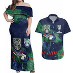 Personalised New Zealand Warriors Rugby Couples Matching Off Shoulder Maxi Dress and Hawaiian Shirt Maori The Wahs Mascot - Sporty Splash Art Style