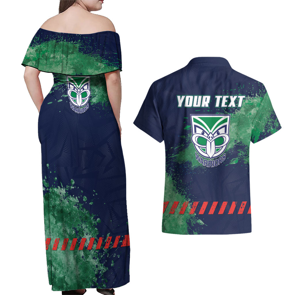 Personalised New Zealand Warriors Rugby Couples Matching Off Shoulder Maxi Dress and Hawaiian Shirt Maori The Wahs Mascot - Sporty Splash Art Style