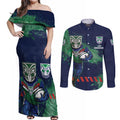 Personalised New Zealand Warriors Rugby Couples Matching Off Shoulder Maxi Dress and Long Sleeve Button Shirt Maori The Wahs Mascot - Sporty Splash Art Style