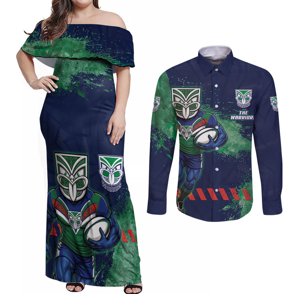Personalised New Zealand Warriors Rugby Couples Matching Off Shoulder Maxi Dress and Long Sleeve Button Shirt Maori The Wahs Mascot - Sporty Splash Art Style