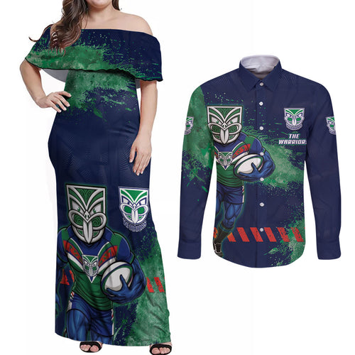 Personalised New Zealand Warriors Rugby Couples Matching Off Shoulder Maxi Dress and Long Sleeve Button Shirt Maori The Wahs Mascot - Sporty Splash Art Style