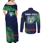 Personalised New Zealand Warriors Rugby Couples Matching Off Shoulder Maxi Dress and Long Sleeve Button Shirt Maori The Wahs Mascot - Sporty Splash Art Style