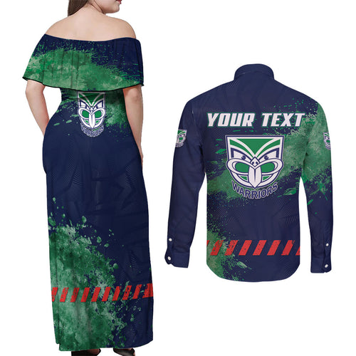Personalised New Zealand Warriors Rugby Couples Matching Off Shoulder Maxi Dress and Long Sleeve Button Shirt Maori The Wahs Mascot - Sporty Splash Art Style