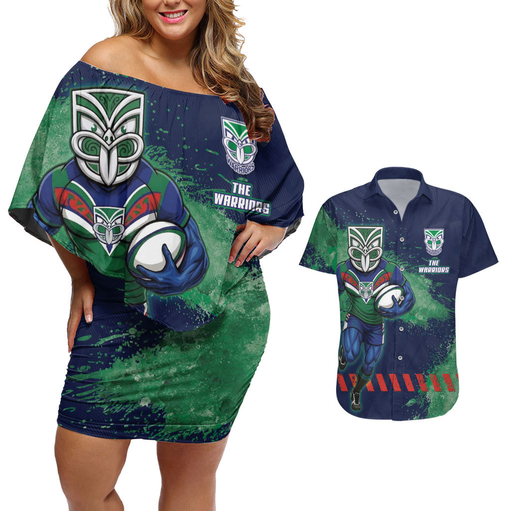Personalised New Zealand Warriors Rugby Couples Matching Off Shoulder Short Dress and Hawaiian Shirt Maori The Wahs Mascot - Sporty Splash Art Style
