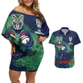 Personalised New Zealand Warriors Rugby Couples Matching Off Shoulder Short Dress and Hawaiian Shirt Maori The Wahs Mascot - Sporty Splash Art Style