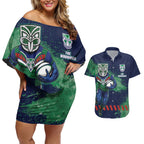 Personalised New Zealand Warriors Rugby Couples Matching Off Shoulder Short Dress and Hawaiian Shirt Maori The Wahs Mascot - Sporty Splash Art Style