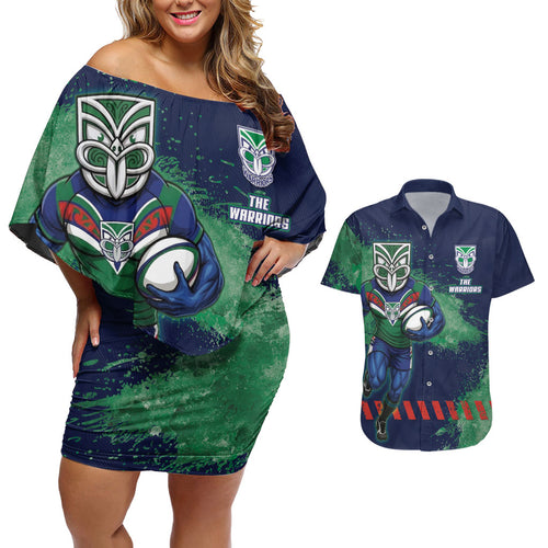 Personalised New Zealand Warriors Rugby Couples Matching Off Shoulder Short Dress and Hawaiian Shirt Maori The Wahs Mascot - Sporty Splash Art Style
