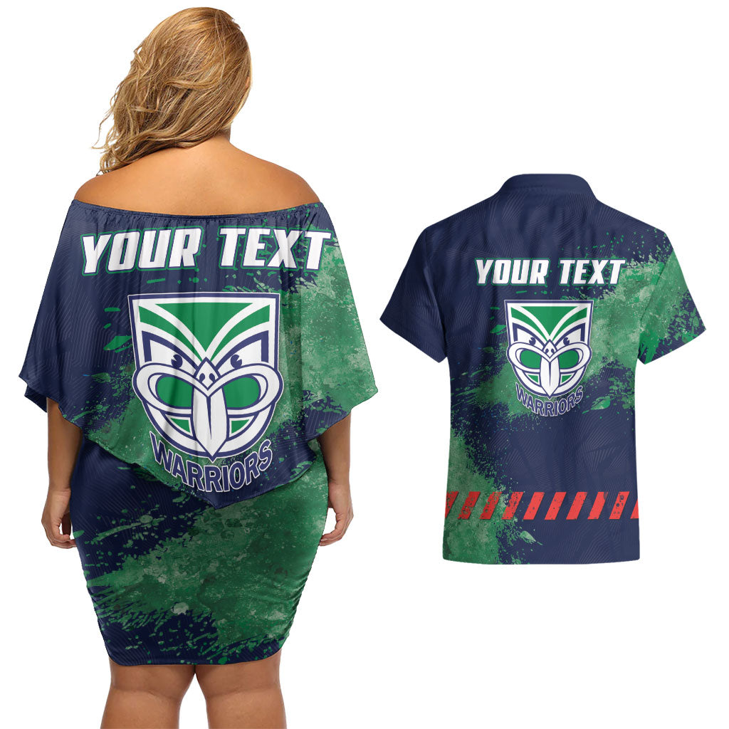Personalised New Zealand Warriors Rugby Couples Matching Off Shoulder Short Dress and Hawaiian Shirt Maori The Wahs Mascot - Sporty Splash Art Style