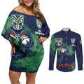 Personalised New Zealand Warriors Rugby Couples Matching Off Shoulder Short Dress and Long Sleeve Button Shirt Maori The Wahs Mascot - Sporty Splash Art Style