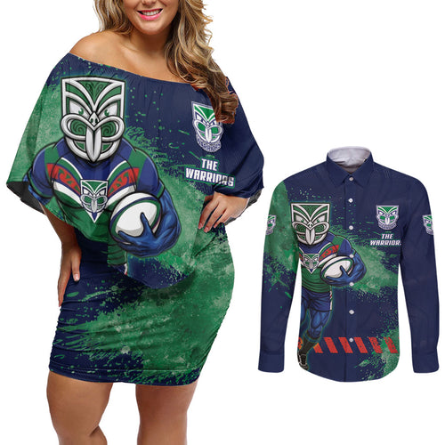 Personalised New Zealand Warriors Rugby Couples Matching Off Shoulder Short Dress and Long Sleeve Button Shirt Maori The Wahs Mascot - Sporty Splash Art Style