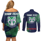 Personalised New Zealand Warriors Rugby Couples Matching Off Shoulder Short Dress and Long Sleeve Button Shirt Maori The Wahs Mascot - Sporty Splash Art Style