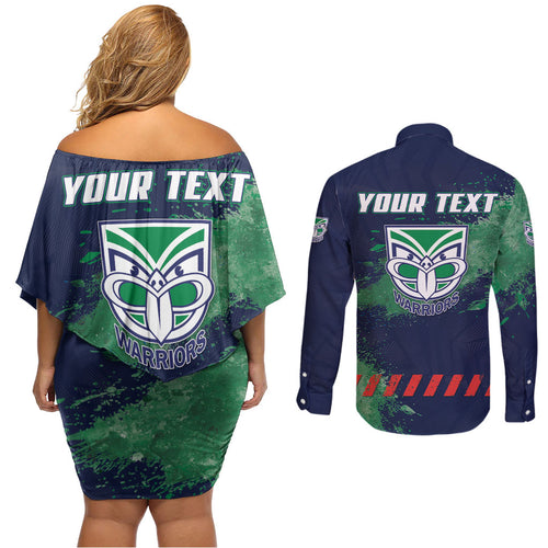 Personalised New Zealand Warriors Rugby Couples Matching Off Shoulder Short Dress and Long Sleeve Button Shirt Maori The Wahs Mascot - Sporty Splash Art Style