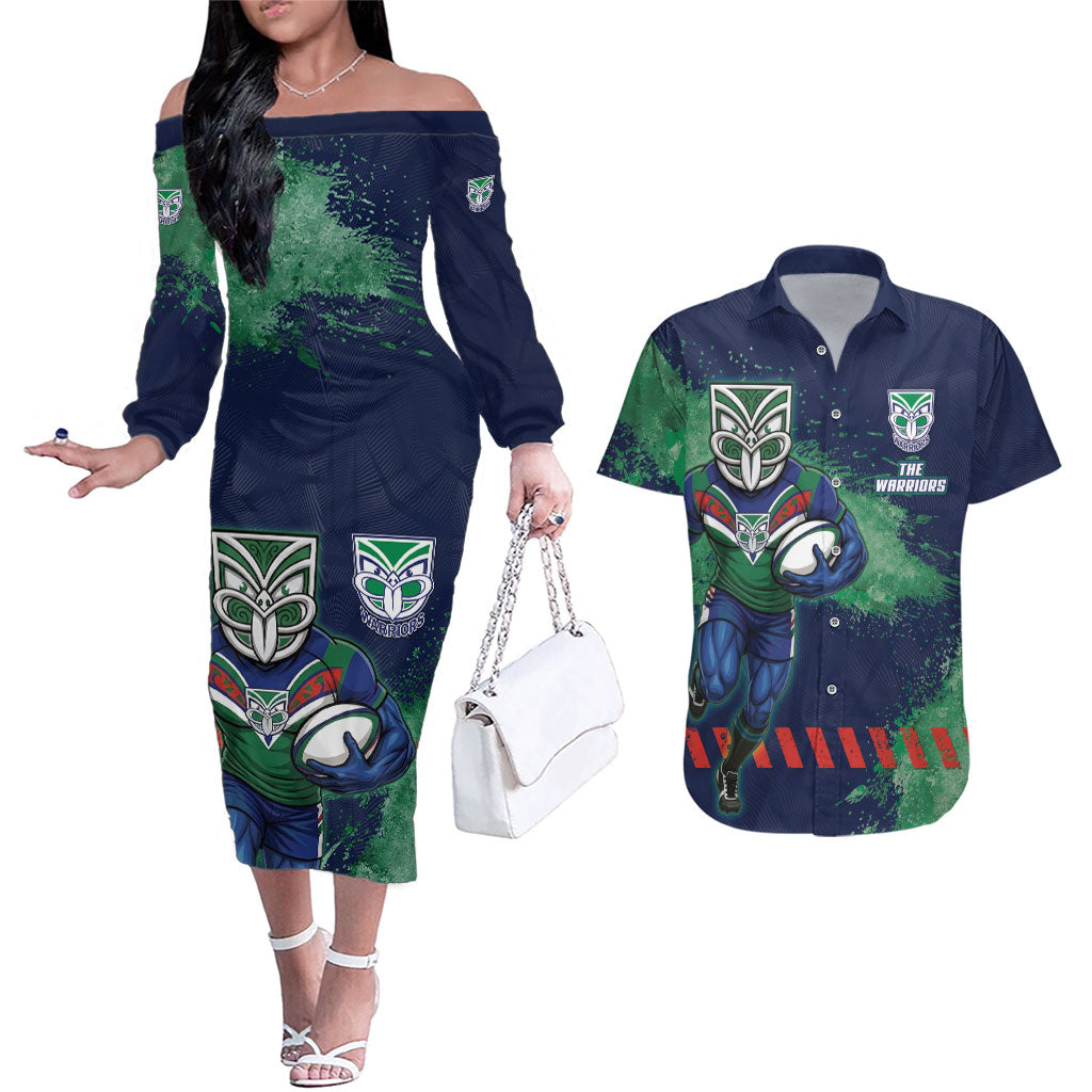 Personalised New Zealand Warriors Rugby Couples Matching Off The Shoulder Long Sleeve Dress and Hawaiian Shirt Maori The Wahs Mascot - Sporty Splash Art Style