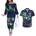 Personalised New Zealand Warriors Rugby Couples Matching Off The Shoulder Long Sleeve Dress and Hawaiian Shirt Maori The Wahs Mascot - Sporty Splash Art Style