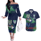 Personalised New Zealand Warriors Rugby Couples Matching Off The Shoulder Long Sleeve Dress and Hawaiian Shirt Maori The Wahs Mascot - Sporty Splash Art Style