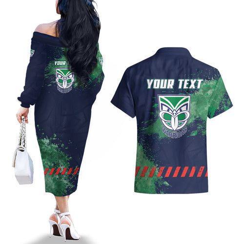 Personalised New Zealand Warriors Rugby Couples Matching Off The Shoulder Long Sleeve Dress and Hawaiian Shirt Maori The Wahs Mascot - Sporty Splash Art Style